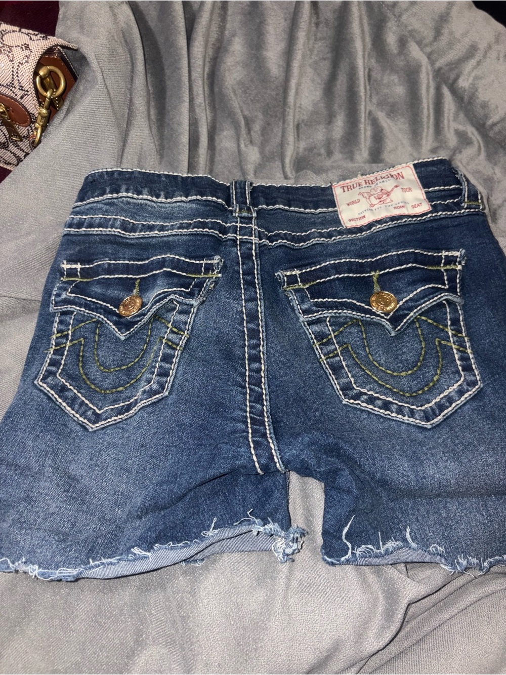 True Religion Indigo Denim Cutoff Shorts with Signature Pocket Stitching